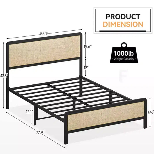 Cadre de lit plateforme avec tête et pied de lit en rotin, style bohème, lattes métalliques robustes, sommier tapissier non requis, capacité de 450 kg