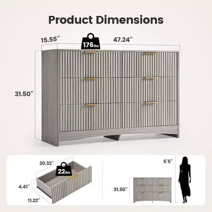 Commode à 6 tiroirs, boîte en bois à fente arrondie pour tiroirs, meuble TV coiffeuse et étagère de rangement pour chambre et couloir, gris