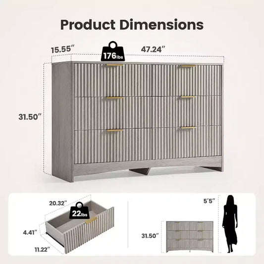 Commode à 6 tiroirs, boîte en bois à fente arrondie pour tiroirs, meuble TV coiffeuse et étagère de rangement pour chambre et couloir, gris