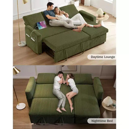 Canapé-lit Dyonery 81, canapé d'angle en forme de L avec lit gigogne, dossier inclinable, méridienne de rangement réversible, ports USB