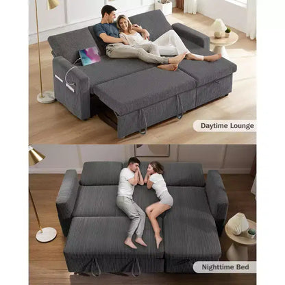 Canapé-lit Dyonery 81, canapé d'angle en forme de L avec lit gigogne, dossier inclinable, méridienne de rangement réversible, ports USB