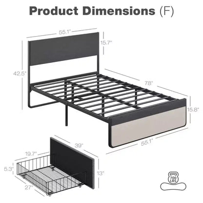 Cadre de lit avec tête de lit et 2 tiroirs de rangement, lit plateforme tapissé avec capacité de 450 kg, sans sommier tapissier, sans bruit, assemblage facile