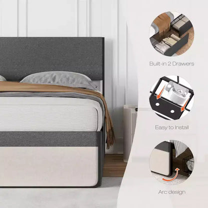 Cadre de lit avec tête de lit et 2 tiroirs de rangement, lit plateforme tapissé avec capacité de 450 kg, sans sommier tapissier, sans bruit, assemblage facile