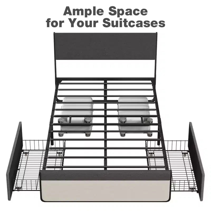 Cadre de lit avec tête de lit et 2 tiroirs de rangement, lit plateforme tapissé avec capacité de 450 kg, sans sommier tapissier, sans bruit, assemblage facile