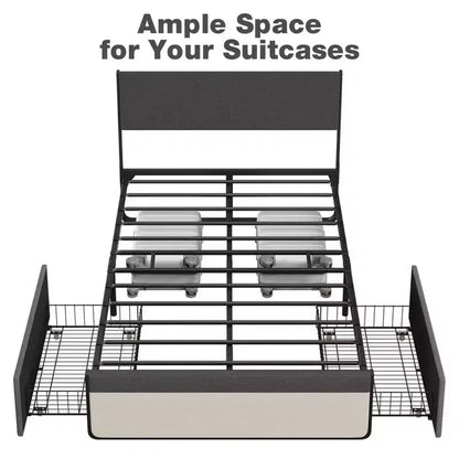 Cadre de lit avec tête de lit et 2 tiroirs de rangement, lit plateforme tapissé avec capacité de 450 kg, sans sommier tapissier, sans bruit, assemblage facile