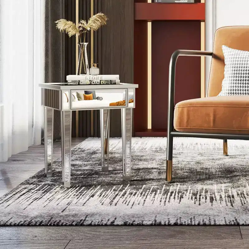 VINGLI Mirrored End Table with Drawer Silver Modern Nightstand/Bedside/Accent Table for Small Space
