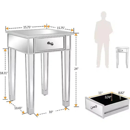 VINGLI Table d'appoint miroir avec tiroir, argent, table de chevet/d'appoint moderne pour petit espace