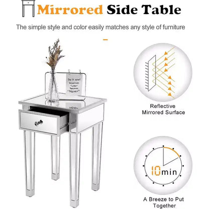 VINGLI Table d'appoint miroir avec tiroir, argent, table de chevet/d'appoint moderne pour petit espace