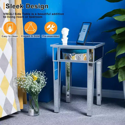 VINGLI Table d'appoint miroir avec tiroir, argent, table de chevet/d'appoint moderne pour petit espace