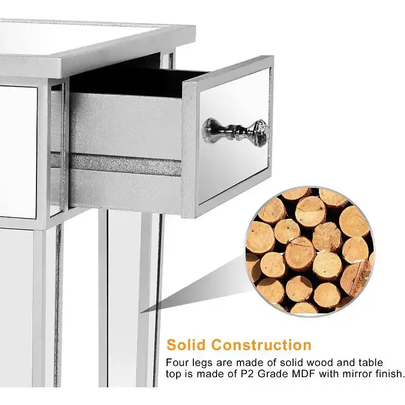 VINGLI Table d'appoint miroir avec tiroir, argent, table de chevet/d'appoint moderne pour petit espace