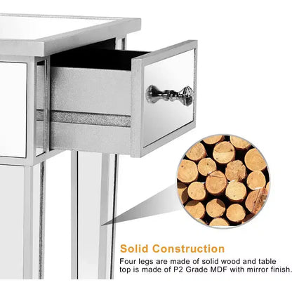 VINGLI Table d'appoint miroir avec tiroir, argent, table de chevet/d'appoint moderne pour petit espace