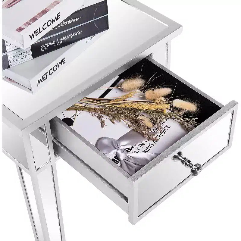 VINGLI Table d'appoint miroir avec tiroir, argent, table de chevet/d'appoint moderne pour petit espace