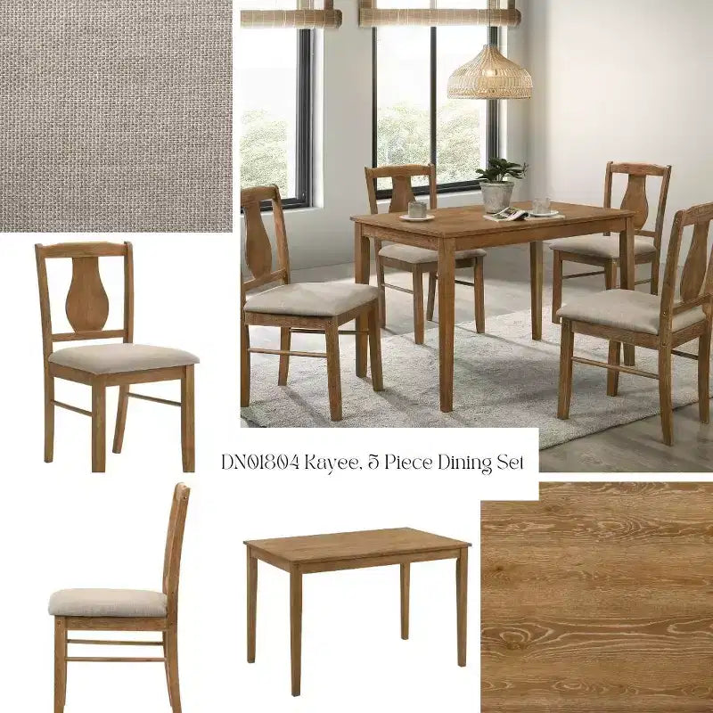GDFStudio Munro Ensemble de salle à manger 5 pièces en tissu et hévéa avec chaises rembourrées