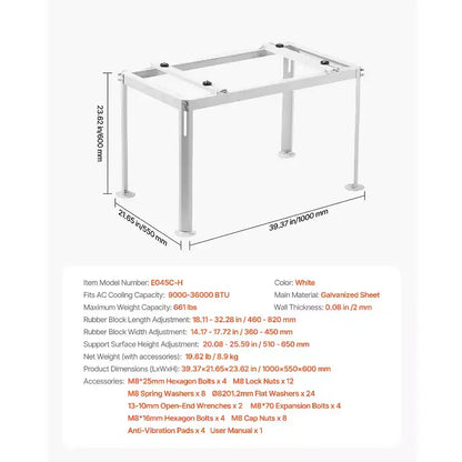 Support de sol VEVOR pour mini-split, support réglable anti-vibration pour climatiseur sans conduit et pompe à chaleur de 9000-36000 BTU, blanc