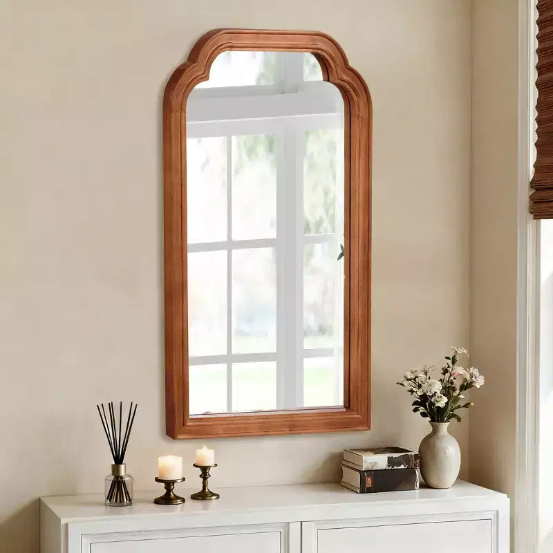 Miroir Décoratif Mural PexFix 24 x 36 à Coins Arrondis avec Cadre en Bois Massif, Style Ferme Moderne, Pour Chambre, Salle de Bain, Salon, Entrée, Marron