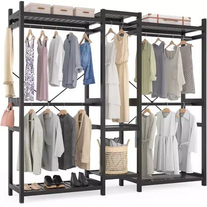 Besiost Portant à Vêtements en Bambou de 178 cm avec 5 Tringles, Système de Placard Autonome avec Étagères - Noir