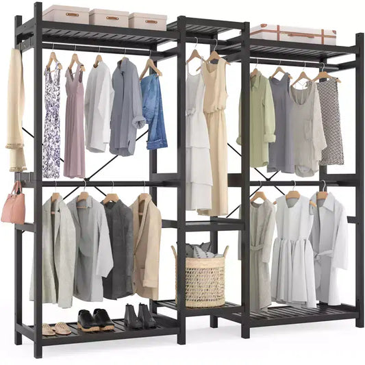 Besiost Portant à Vêtements en Bambou de 178 cm avec 5 Tringles, Système de Placard Autonome avec Étagères - Noir