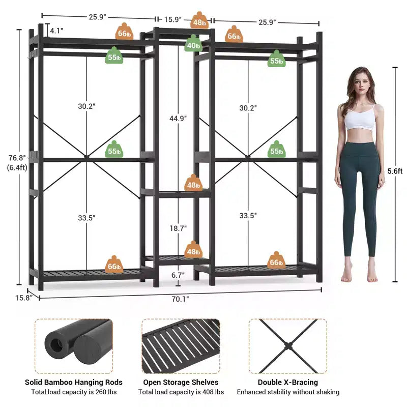 Besiost Portant à Vêtements en Bambou de 178 cm avec 5 Tringles, Système de Placard Autonome avec Étagères - Noir