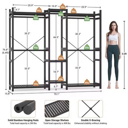 Besiost Portant à Vêtements en Bambou de 178 cm avec 5 Tringles, Système de Placard Autonome avec Étagères - Noir
