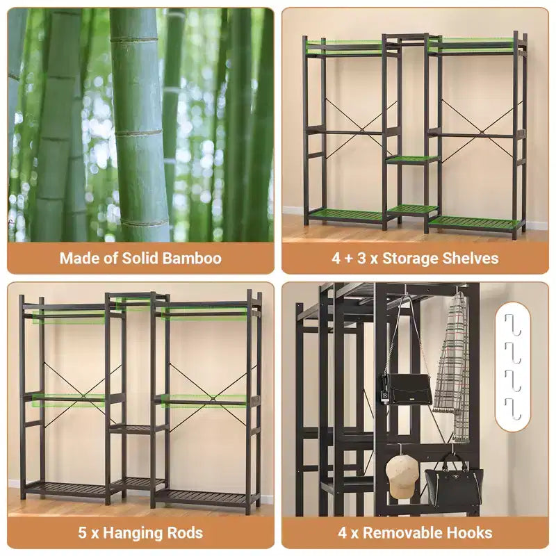Besiost Portant à Vêtements en Bambou de 178 cm avec 5 Tringles, Système de Placard Autonome avec Étagères - Noir