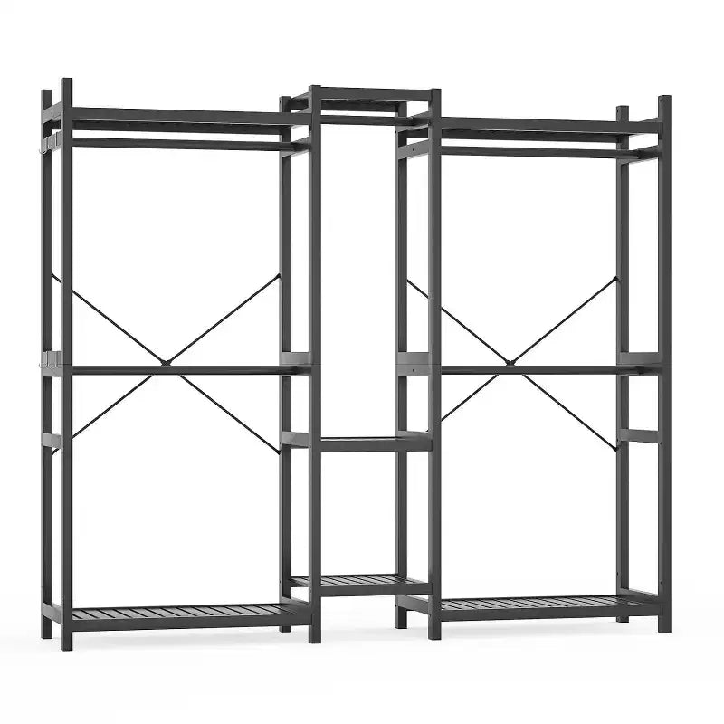 Besiost Portant à Vêtements en Bambou de 178 cm avec 5 Tringles, Système de Placard Autonome avec Étagères - Noir