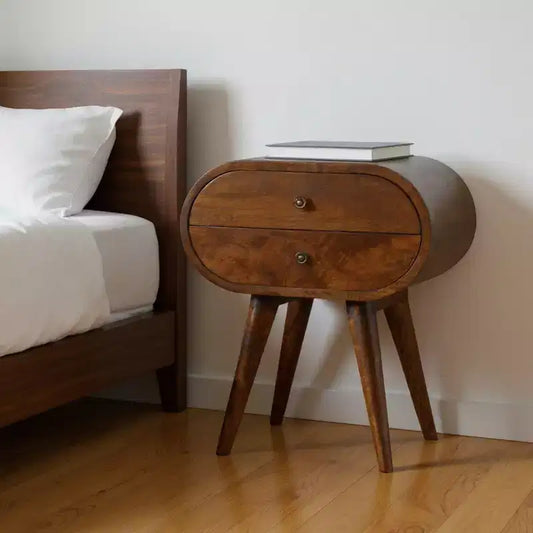HomeRoots 21 Table de chevet ovale à deux tiroirs en bois massif de couleur châtaigne