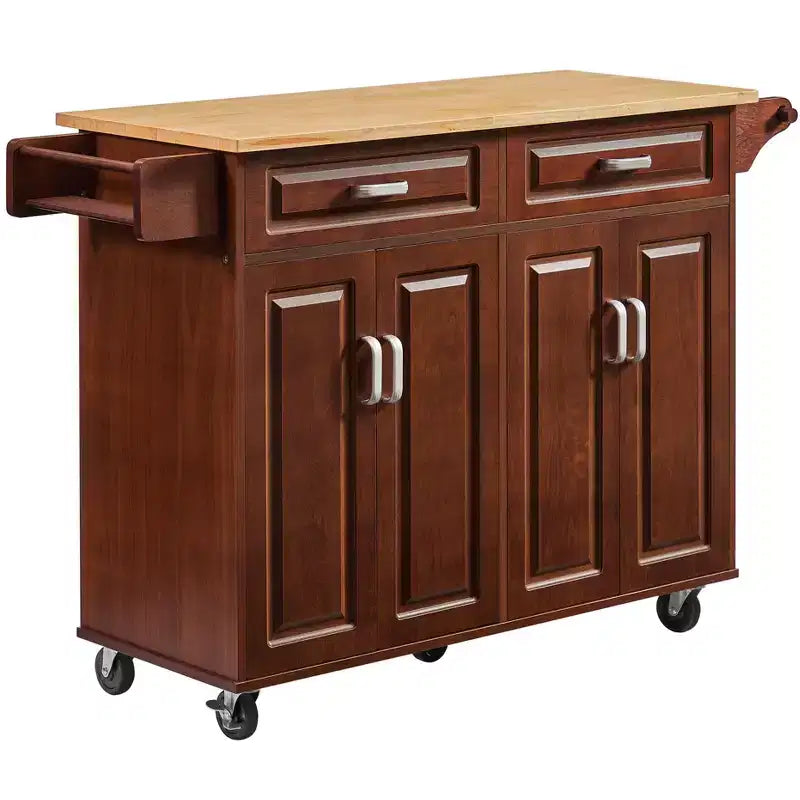 Îlot de cuisine Okak avec 4 portes et 2 tiroirs, chariot de cuisine avec étagère à épices et porte-serviettes, chariot îlot de cuisine pour cuisine, salle à manger, marron