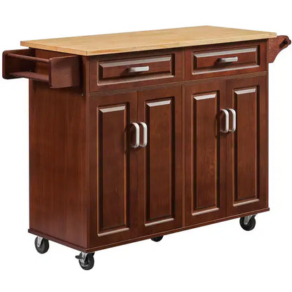 Îlot de cuisine Okak avec 4 portes et 2 tiroirs, chariot de cuisine avec étagère à épices et porte-serviettes, chariot îlot de cuisine pour cuisine, salle à manger, marron