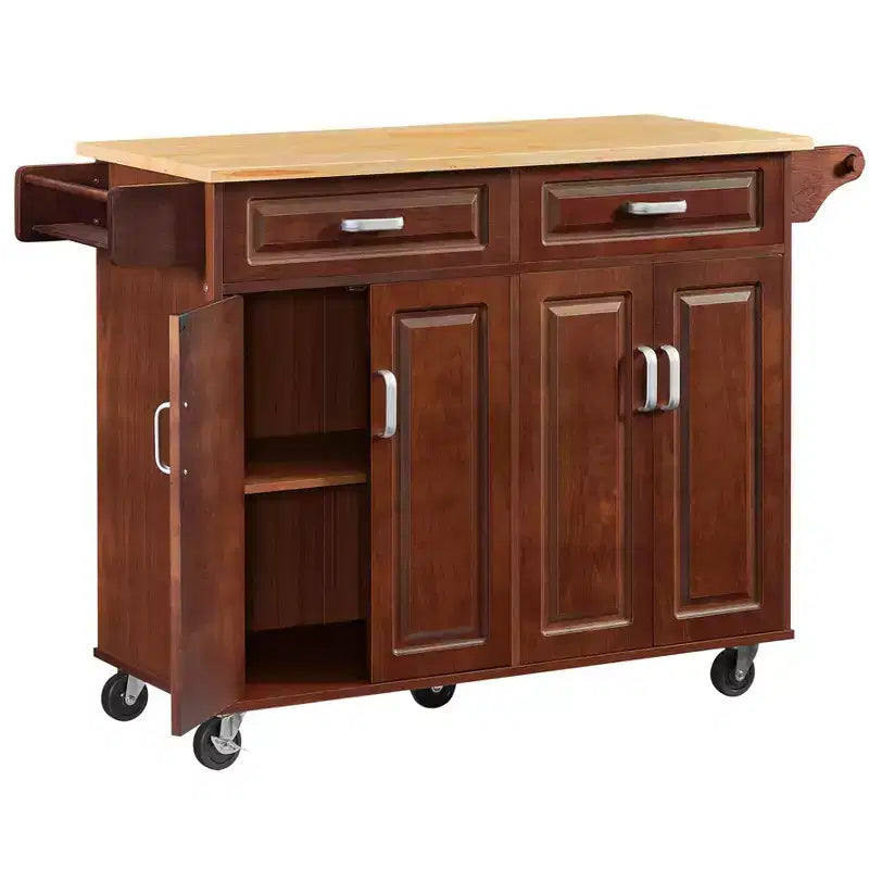 Îlot de cuisine Okak avec 4 portes et 2 tiroirs, chariot de cuisine avec étagère à épices et porte-serviettes, chariot îlot de cuisine pour cuisine, salle à manger, marron