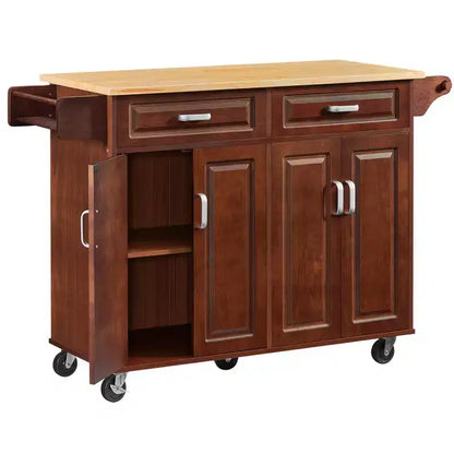 Îlot de cuisine Okak avec 4 portes et 2 tiroirs, chariot de cuisine avec étagère à épices et porte-serviettes, chariot îlot de cuisine pour cuisine, salle à manger, marron