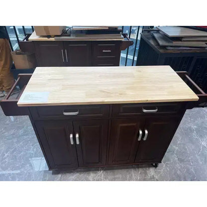 Îlot de cuisine Okak avec 4 portes et 2 tiroirs, chariot de cuisine avec étagère à épices et porte-serviettes, chariot îlot de cuisine pour cuisine, salle à manger, marron