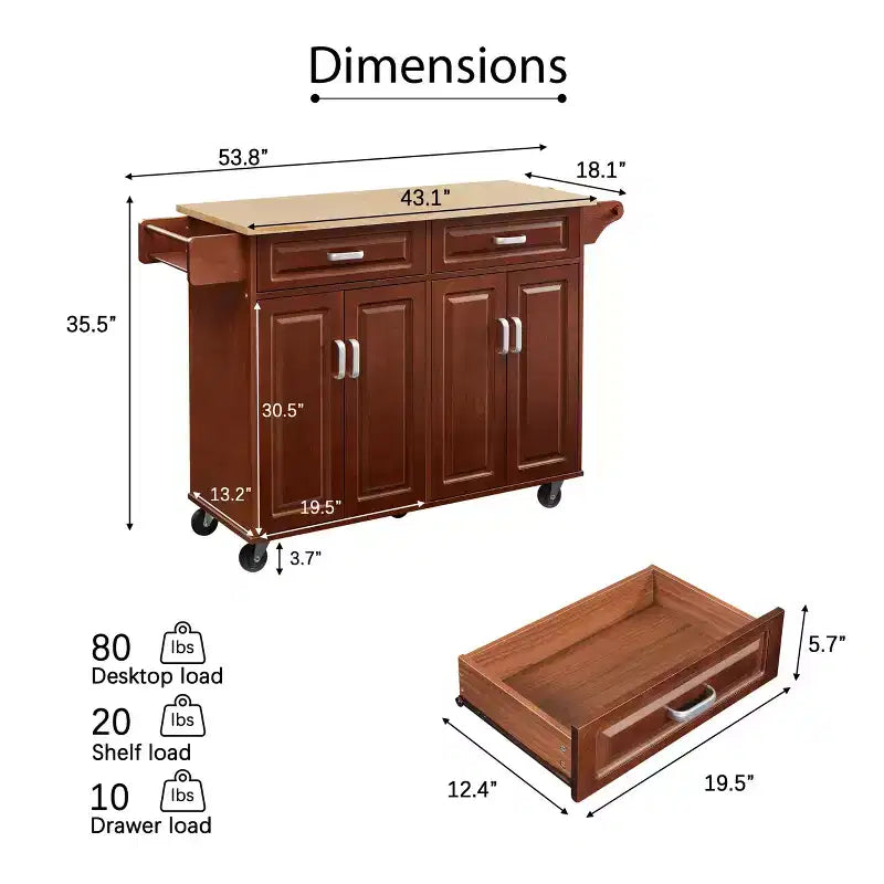 Îlot de cuisine Okak avec 4 portes et 2 tiroirs, chariot de cuisine avec étagère à épices et porte-serviettes, chariot îlot de cuisine pour cuisine, salle à manger, marron