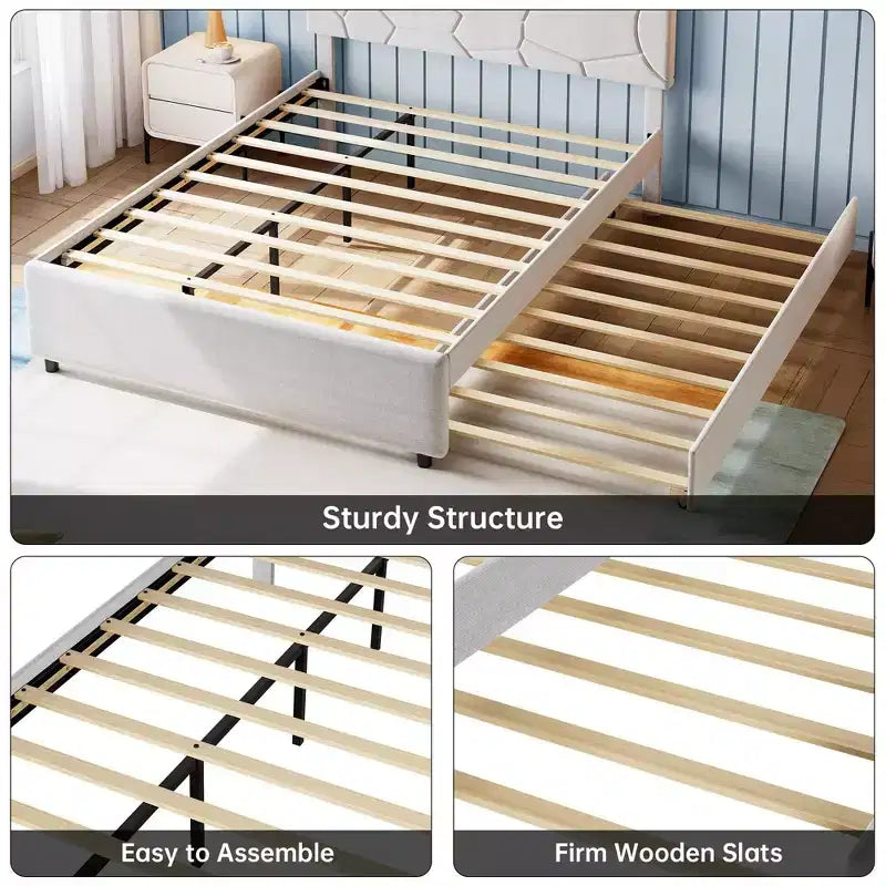 Cadre de lit gigogne, Cadre de lit plateforme rembourré avec lit escamotable, Design peu encombrant, Support à lattes en bois, Capacité de 227 kg, Blanc
