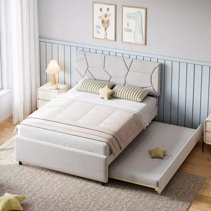 Cadre de lit gigogne, Cadre de lit plateforme rembourré avec lit escamotable, Design peu encombrant, Support à lattes en bois, Capacité de 227 kg, Blanc
