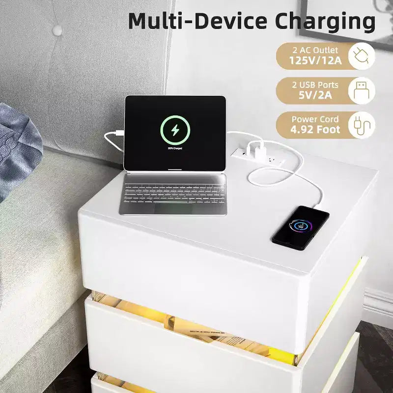 Table de chevet blanche VINGLI avec station de charge, Table de chevet LED, Table de chevet 3 tiroirs, Table de chevet intelligente