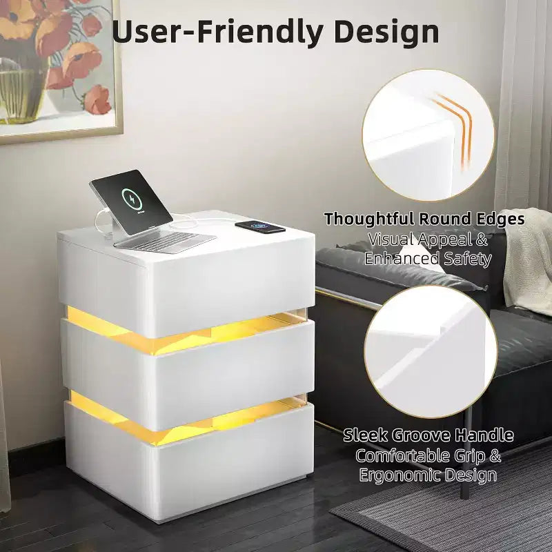 Table de chevet blanche VINGLI avec station de charge, Table de chevet LED, Table de chevet 3 tiroirs, Table de chevet intelligente