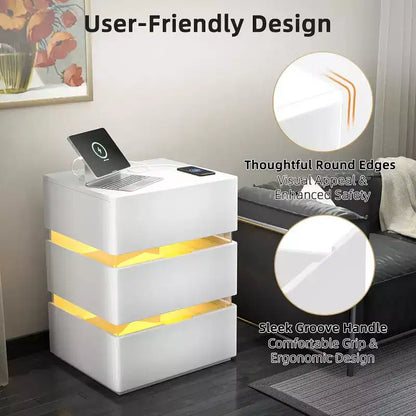 Table de chevet blanche VINGLI avec station de charge, Table de chevet LED, Table de chevet 3 tiroirs, Table de chevet intelligente