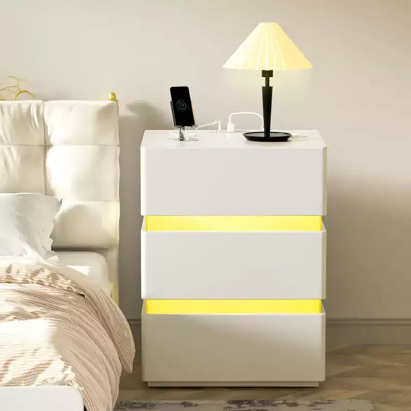 Table de chevet blanche VINGLI avec station de charge, Table de chevet LED, Table de chevet 3 tiroirs, Table de chevet intelligente