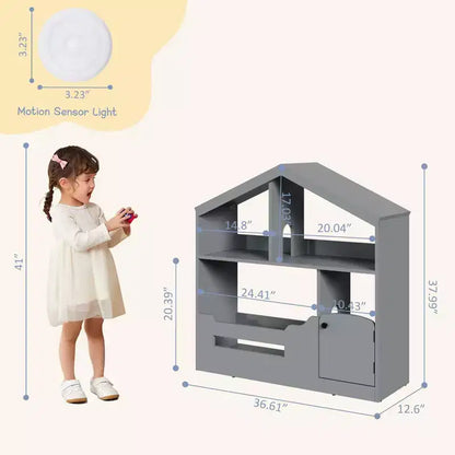GustoWave Étagère à Livres Polyvalente à 3 Niveaux pour Enfants avec Lumière à Détecteur de Mouvement - Organiseur de Rangement de Jouets en Bois avec Dispositif Anti-basculement