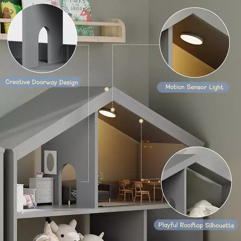 GustoWave Étagère à Livres Polyvalente à 3 Niveaux pour Enfants avec Lumière à Détecteur de Mouvement - Organiseur de Rangement de Jouets en Bois avec Dispositif Anti-basculement