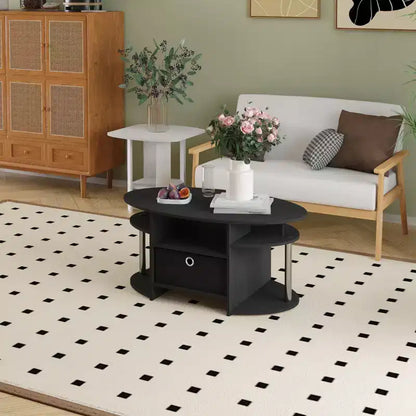 Table basse ovale moderne HOMLUX avec étagères latérales et bac de rangement en tissu pour salon