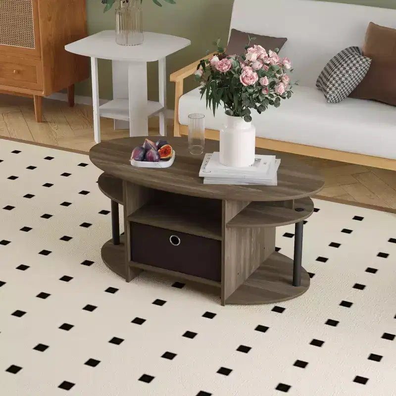 Table basse ovale moderne HOMLUX avec étagères latérales et bac de rangement en tissu pour salon