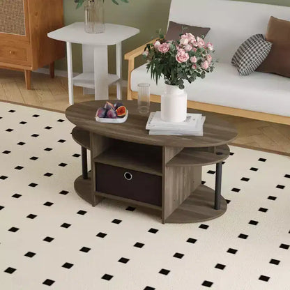 Table basse ovale moderne HOMLUX avec étagères latérales et bac de rangement en tissu pour salon