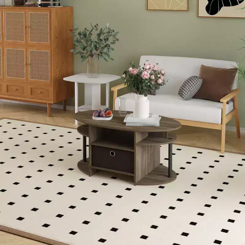 Table basse ovale moderne HOMLUX avec étagères latérales et bac de rangement en tissu pour salon