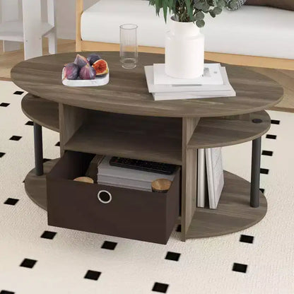 Table basse ovale moderne HOMLUX avec étagères latérales et bac de rangement en tissu pour salon
