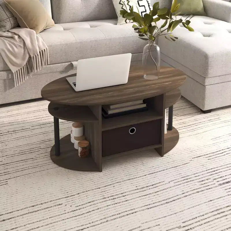 Table basse ovale moderne HOMLUX avec étagères latérales et bac de rangement en tissu pour salon