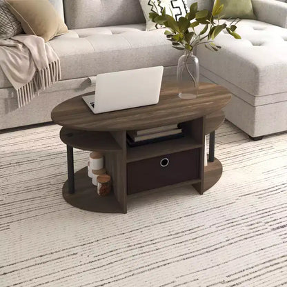 Table basse ovale moderne HOMLUX avec étagères latérales et bac de rangement en tissu pour salon