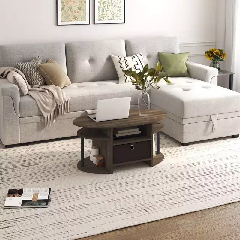 Table basse ovale moderne HOMLUX avec étagères latérales et bac de rangement en tissu pour salon