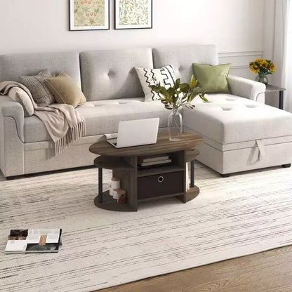 Table basse ovale moderne HOMLUX avec étagères latérales et bac de rangement en tissu pour salon