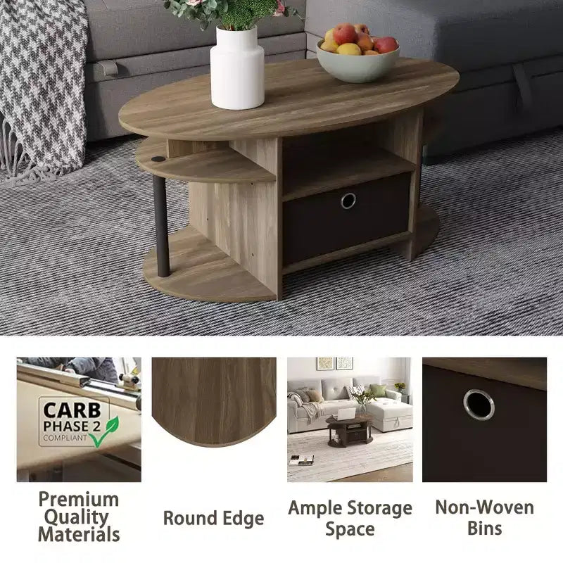 Table basse ovale moderne HOMLUX avec étagères latérales et bac de rangement en tissu pour salon